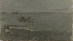Blauw en Zilver - Boot die Pourville binnenkomt, 1899 door James Abbott McNeill Whistler